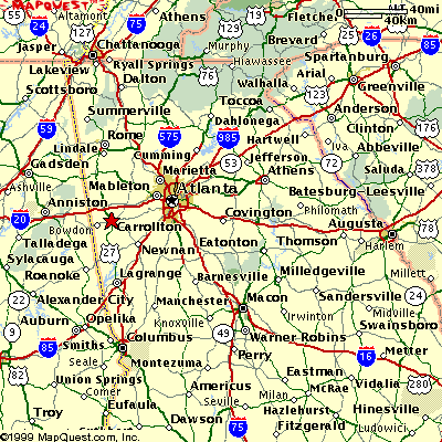 Map showing Atlanta, GA with the adjacent cities of Carrollton and Athens